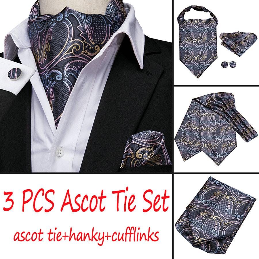 Hi-Tie Fashion Designe Mens Silk Ascot Tie Set Grey Paisley Ascot Tie with Handkerchief Cufflinks