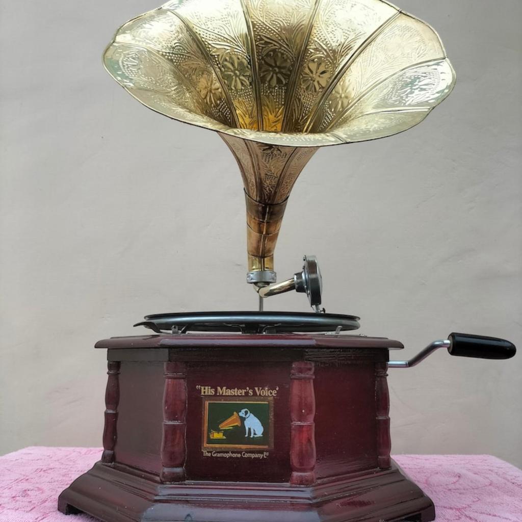 Vintage Charm Embodied: Handmade Embroidered HMV Gramophone Record Player Phonograph