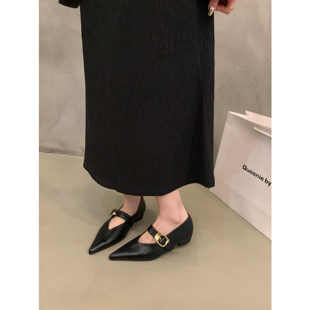 Туфли на плоской подошве с острым носком черного цвета, женские летние туфли на низком французском каблуке, темпераментные туфли Мэри Джейн из кожи