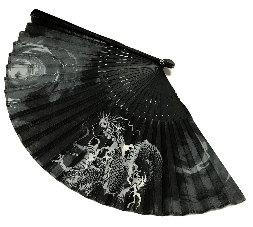 23cm Cotton Folding Fan with Japanese Cloud Dragon Dragon God Cotton and Linen Folding Fan Bag 1299c Men's High-Quality Pattern, Black, Openwork,