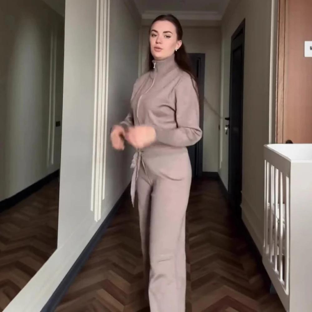 Женский однотонный спортивный костюм, повседневный вязаный кардиган, комплекты брюк из 2 предметов для женщин, куртка на молнии со стойкой, брюки широкого кроя