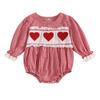 Baby Girl Valentine's Day Romper Heart Plaid Lace Trim Round Neck Long Sleeve Jumpsuit
