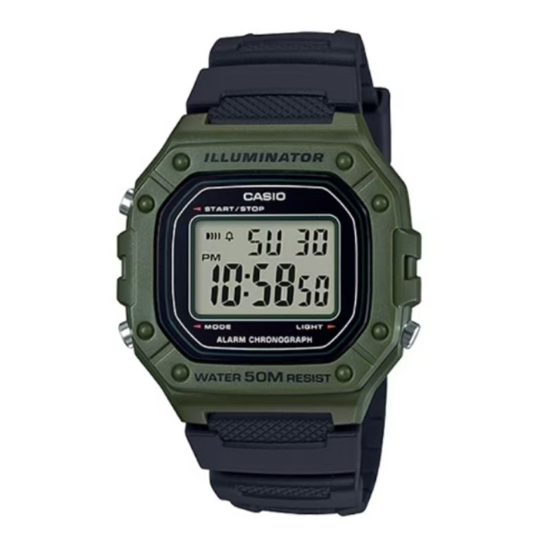 Casio Часы из Коллекции на Заказ Кварцевый Механизм Ремешок из Смолы Мужские Часы Зеленый Циферблат W-218H-3A(Watch5--)