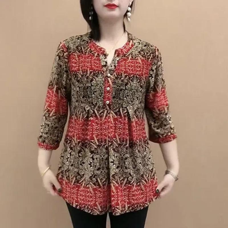 Летний женский пуловер с круглым вырезом, на пуговицах, с принтом, модный, свободный, минималистичный, универсальный, повседневный, с рукавом 3/4, шифоновый топ