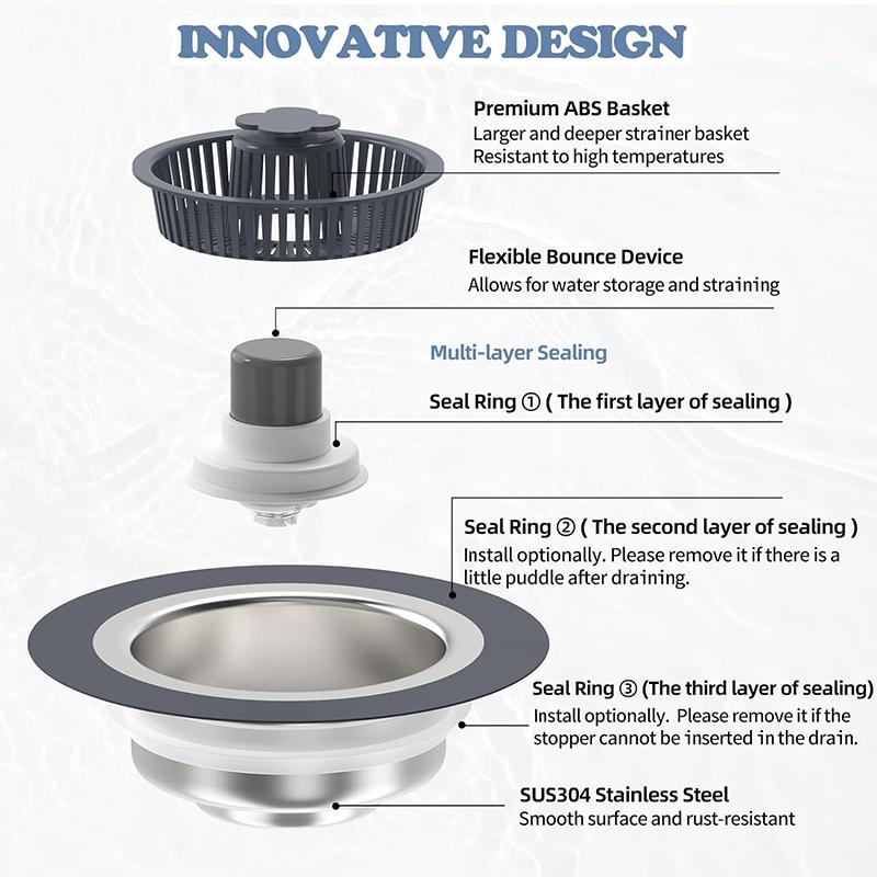 Upgraded 3 in 1 Kitchen Sink Drain Strainer and Stopper Combo,Stainless Steel Metal Kitchen Sink Stopper Fast Drainage