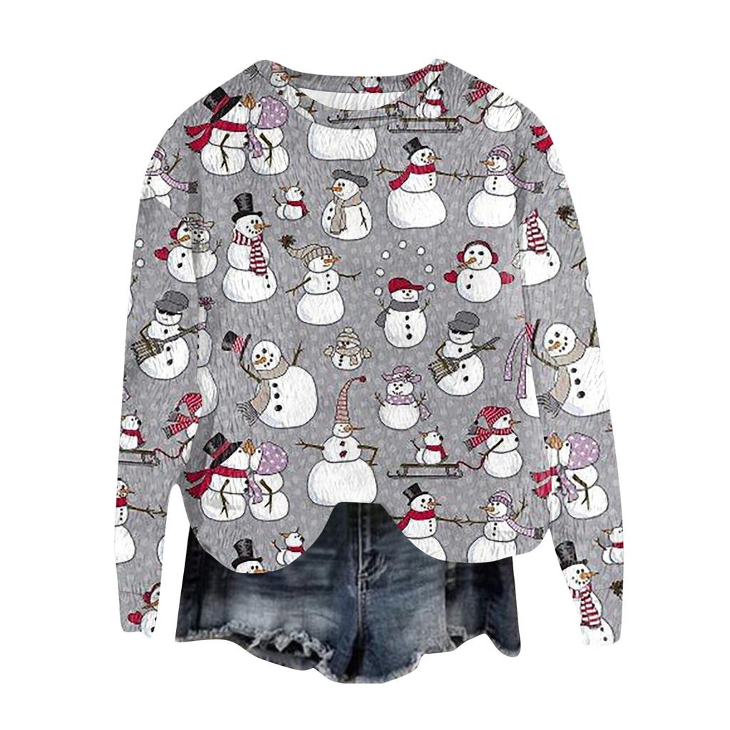 Women's Fashion Round Neck Pullover Top Long Sleeve Tee Christmas Printed Sweatshirt