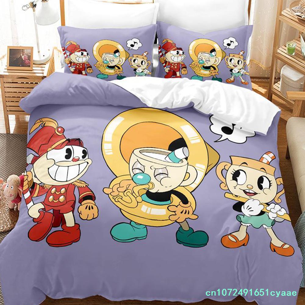 2023 Kawaii Cuphead Mugman Bedding Set Single Twin Full Queen King Size Bed Set Adult Kid Bedroom Duvetcover Sets Anime Game Bed