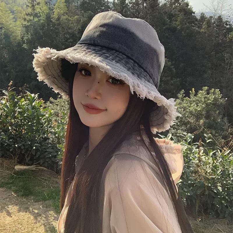 Женская ретро джинсовая шляпа-панама в японском стиле 2025 - Большая защита от солнца, Потертый дизайн, Летняя защита от солнца