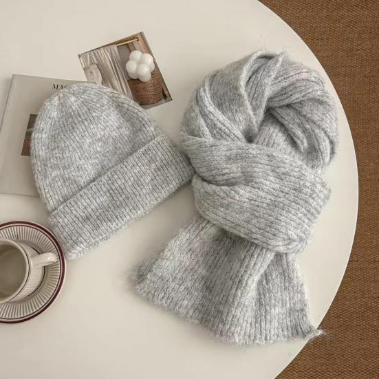 2Pcs/Set Hat Scarf Set Thermal Lined Double-Layer Design Knitted Long Scarf Hat Set Unisex Winter Outdoor Sports Wear