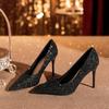 Summer  New Women's Single Shoes Sexy Sequins Thin Heels Pointed Shallow Mouth High Heels Classic Banquet Dress Shoes