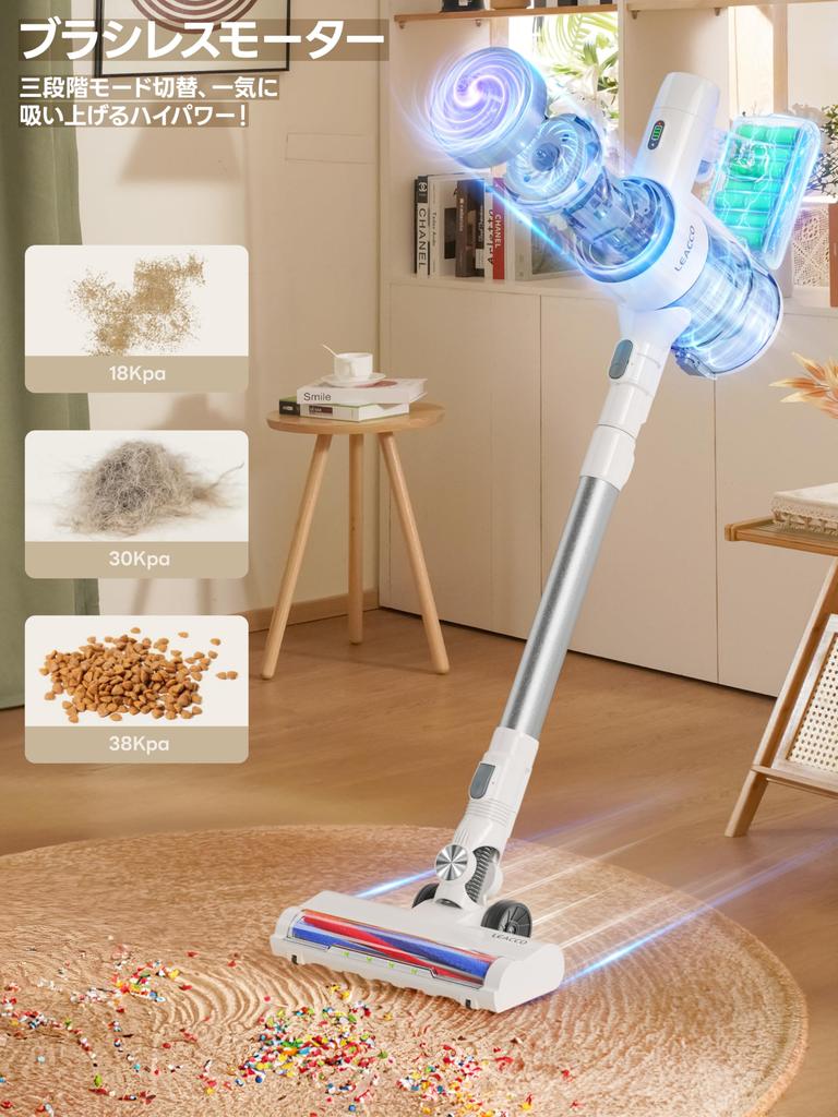 Беспроводной пылесос 38000 Па Беспроводной пылесос Leacco Cyclone 3-ступенчатая мощность всасывания 45 минут работы Легкий пылесос Stick 10 ступеней