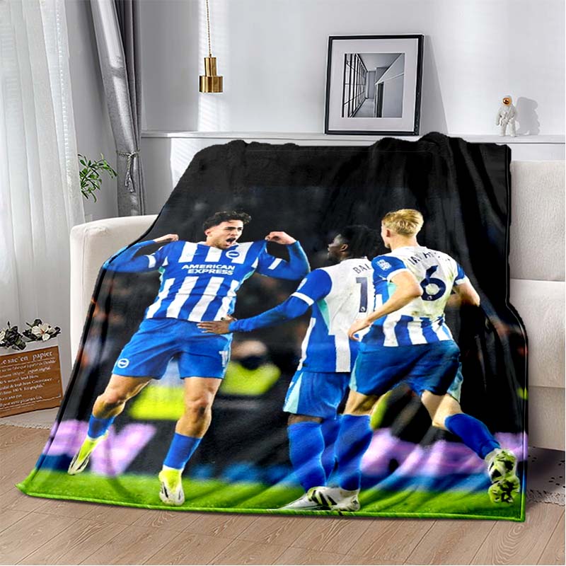 Brighton & Hove Albion Seagull Logo Blue White Gold Vertical Stripe Print Soft Flannel Throw Blanket Sofa Bed Warm Decor Cover For Football Fans