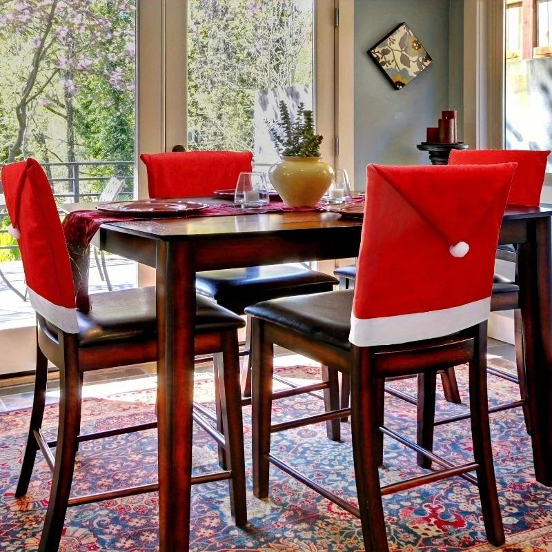 1/4/6pcs Christmas Chair Covers Decor Santa Claus Red Hat Chair Cap Kitchen Dining Chair Slipcovers Sets For Christmas Holiday