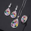 Rainbow Multi-Color Cubic Zircon Pendant Necklace Hook Earrings Adjustable Ring Jewelry Set