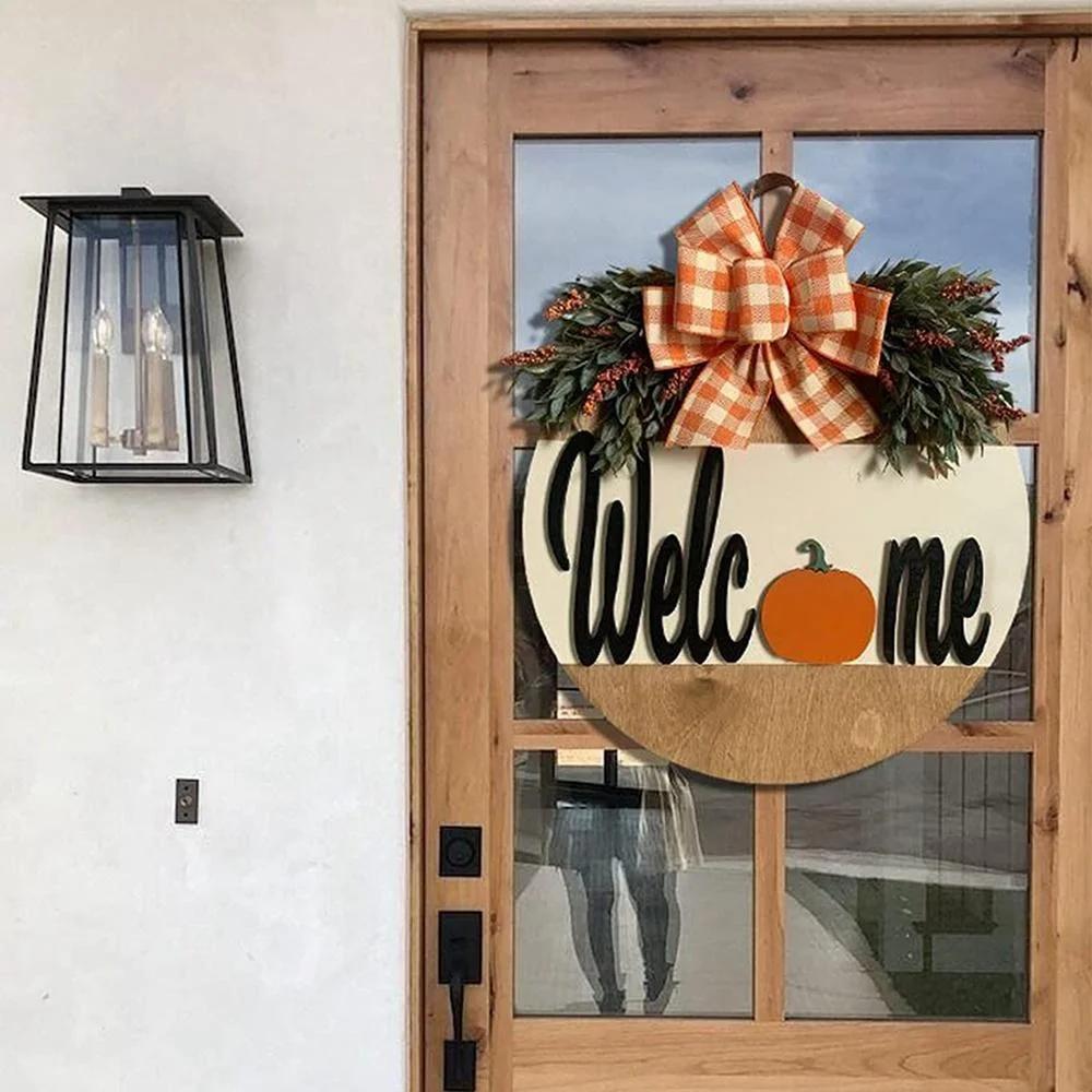 1pc Thanksgiving Welcome Door Sign Autumn Harvest Front Door Porch Decor Fall Wooden Hanging Decor For Rustic Farmhouse Welcome