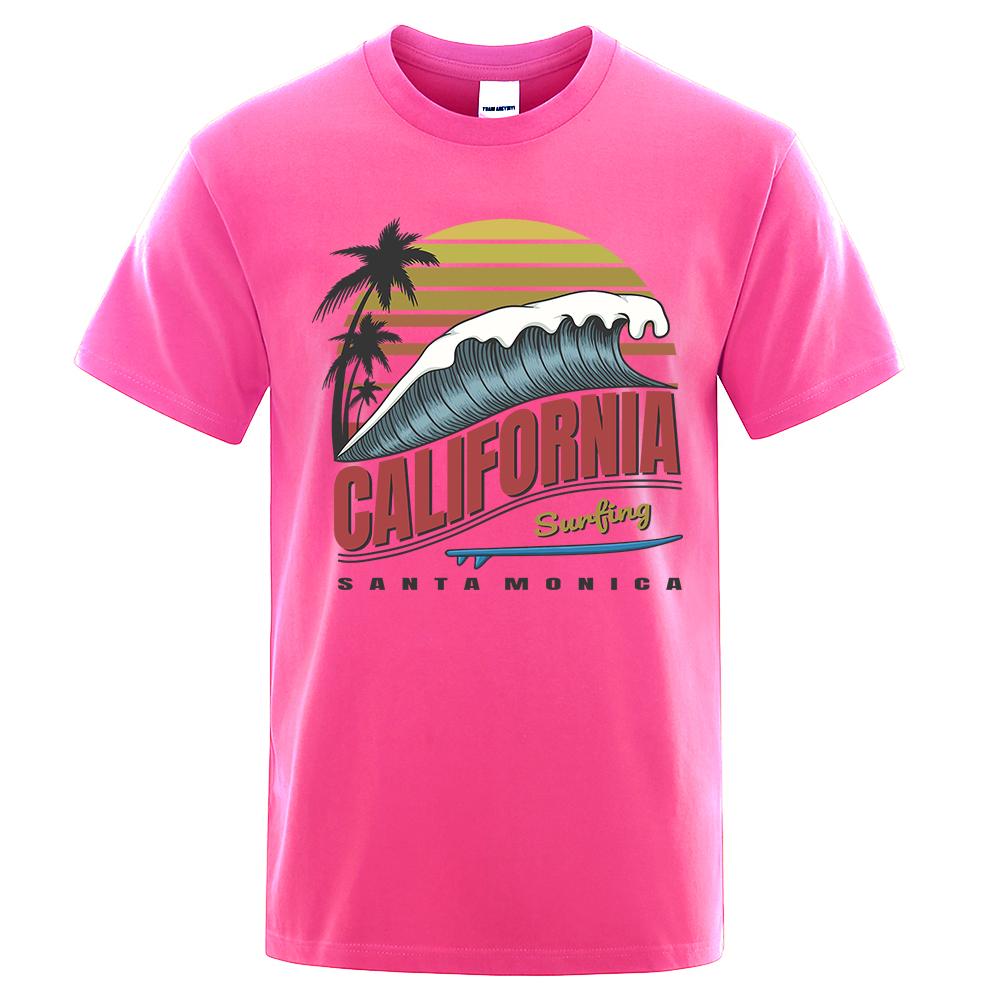 California Surfing Santa Monica Beach Printed Clothes Men Breathable Oversize T-Shirt Summer Cotton Tee Clothes Crewneck T-Shirt