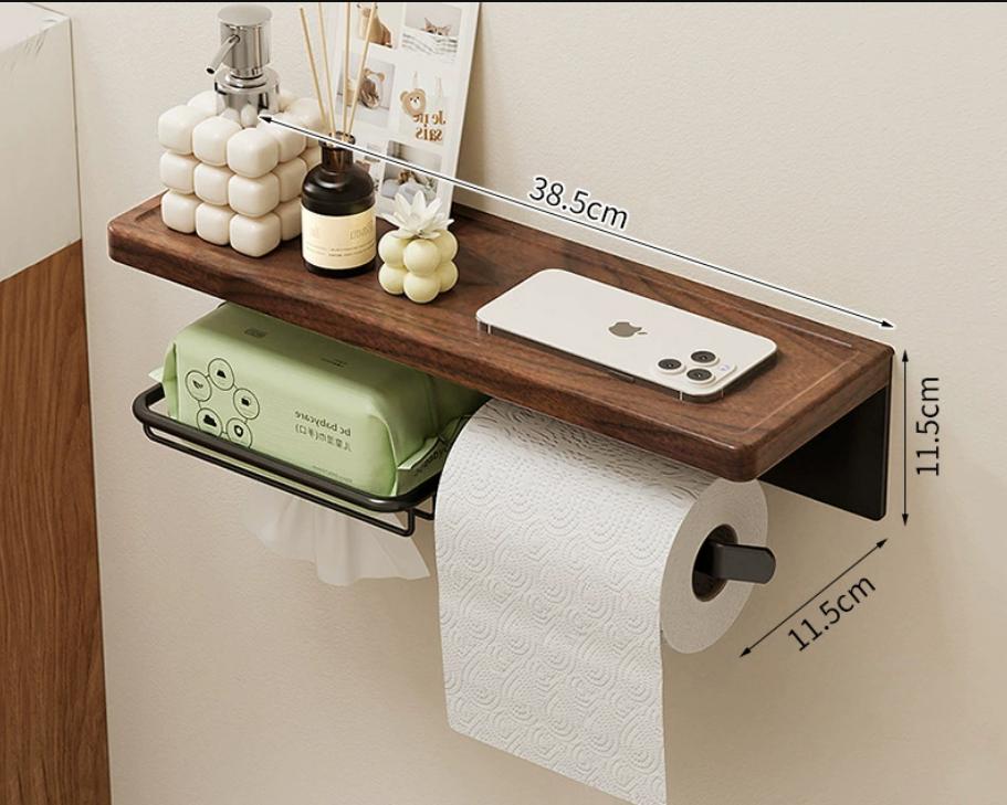 Wood Aluminum Bathroom Paper Holder with Shelf Bathroom Paper roll Holder Wall Mounted Towel Rack Toilet Paper Holder Tissue Box