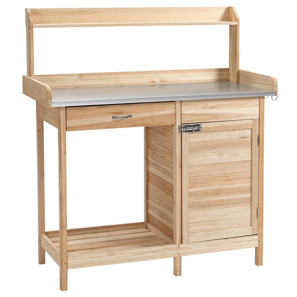 Potting Table Gardening Table with 2 Shelves, Drawer, Cupboard, Galvanised Steel Sheet Top with