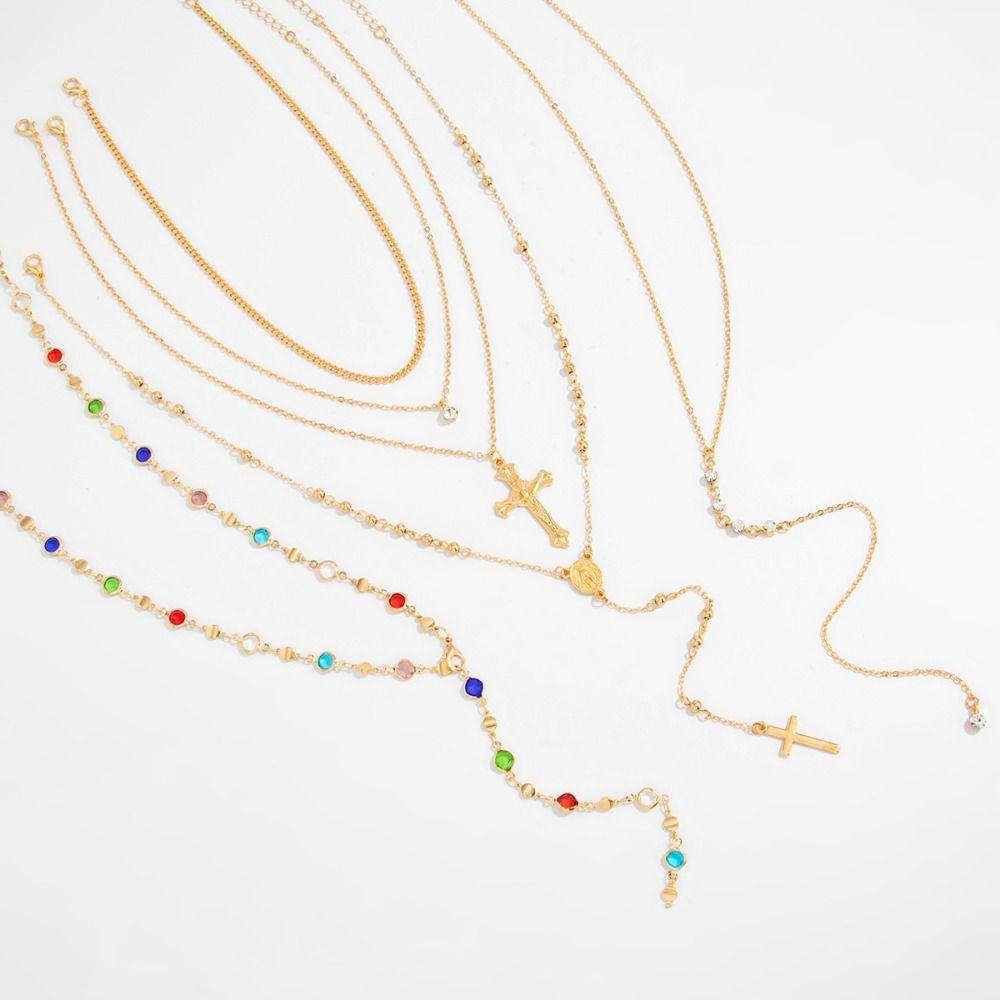 Cross Colored Rhinestone Necklace Pearl Bohemian Style Necklace Fashion Beads Chain Choker Women