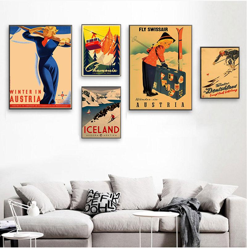 Ski in Australia New Zealand Canvas Painting Vintage Wall Kraft Posters Coated Wall Stickers Home Decoration Pictures Gift No Frame
