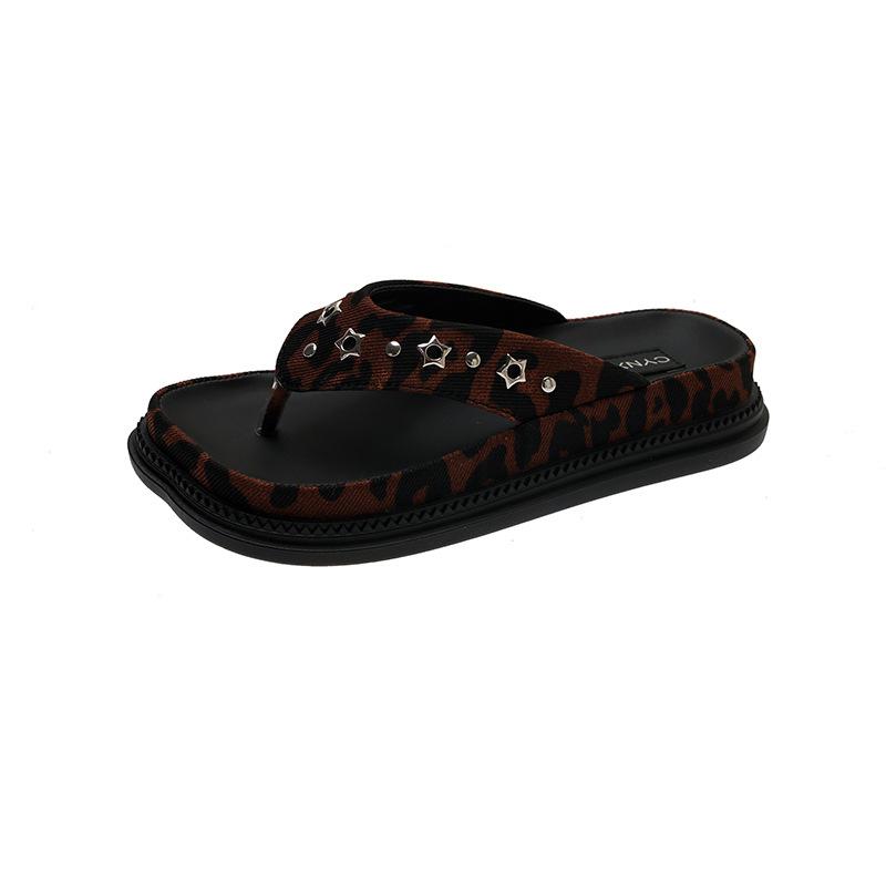 Summer Breathable Rivet Square Head Muffin Heightened Leopard Print Black Clip Toes Thick Bottom Canvas Flip-Flops Cool Slippers Women