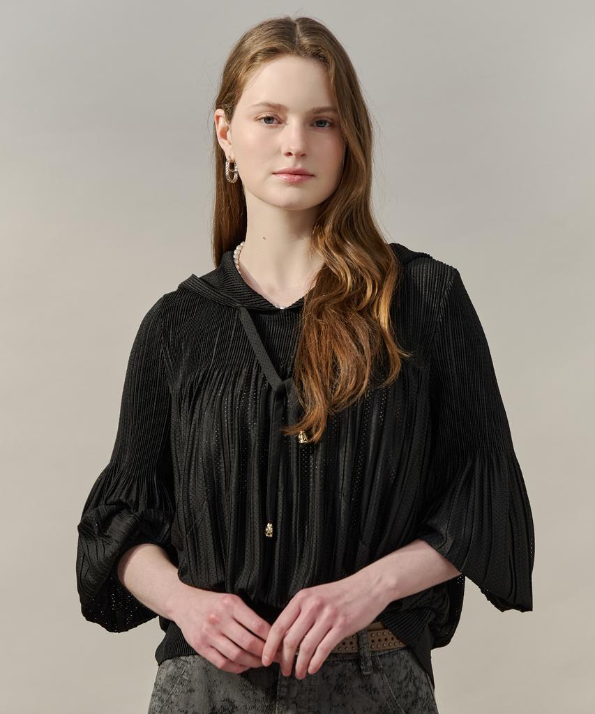 MAXZA Wrinkle Punching Volume Sleeve Hooded Blouse