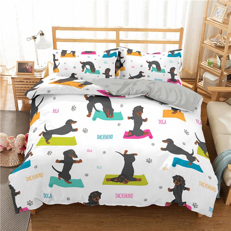 Cartoon Sausage Dog Pattern Down Bedcover Pillowcase 3D Cute Animal Bedding Set 2/3 Twin Queen Large Bedroom Cover