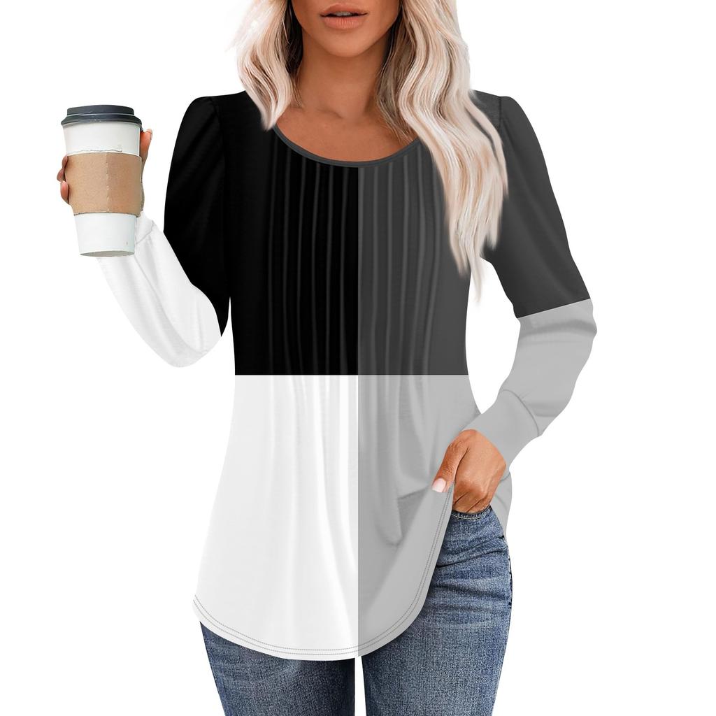 Рубашки с длинным рукавом для женщин, топы, нарядные повседневные блузки, плиссированные топы-туники с круглым вырезом