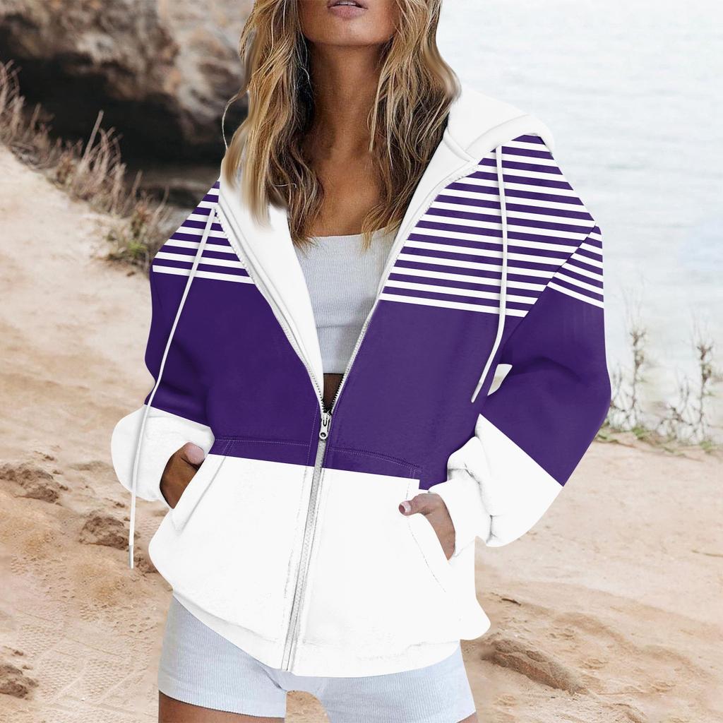 Женская толстовка с длинными рукавами и полосатым принтом, куртка с длинными рукавами и карманами, на молнии, пальто с капюшоном