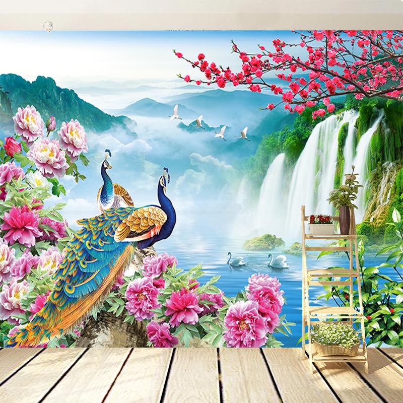 Пейзаж Настенные обои 3D Павлин Пейзажная живопись Природный пейзаж Фреска Гостиная Телевизор Диван Кабинет Классический фон Стена 3 D Домашний декор