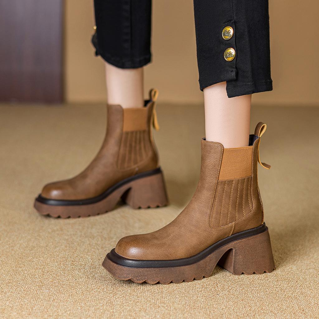 Autumn retro temperament round toe thick heel Chelsea boots short boots chimney boots women's boots