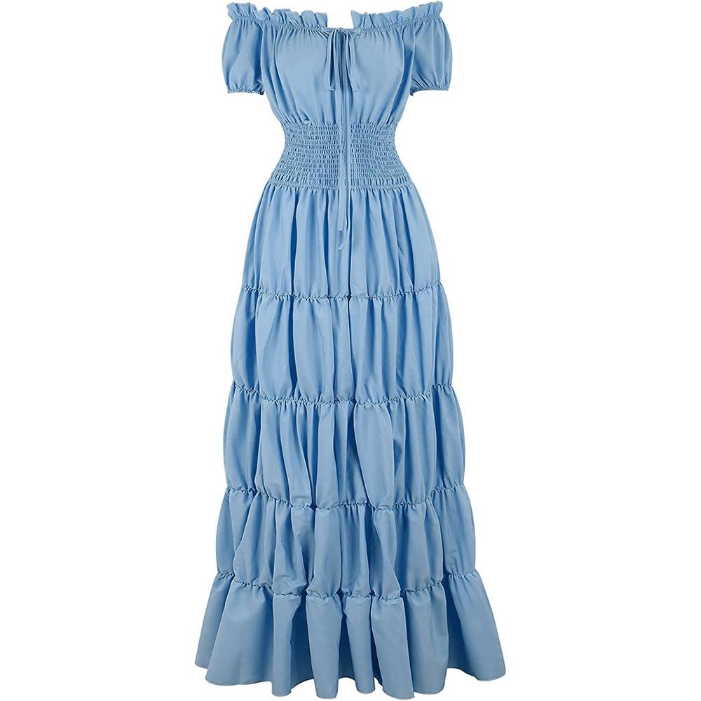 Women's Solid Color Short Sleeve Boat Neck Waist Medieval Retro Long Plus Size Dress