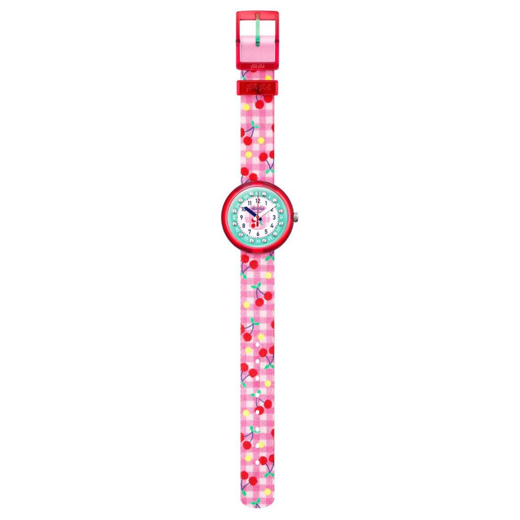 SWATCH Children's Garden Adventure Series Quartz Movement Pink Cherry Children's Swiss Watch 31.8mm Green Dial Plastic Case Fabric Strap ZFPNP057