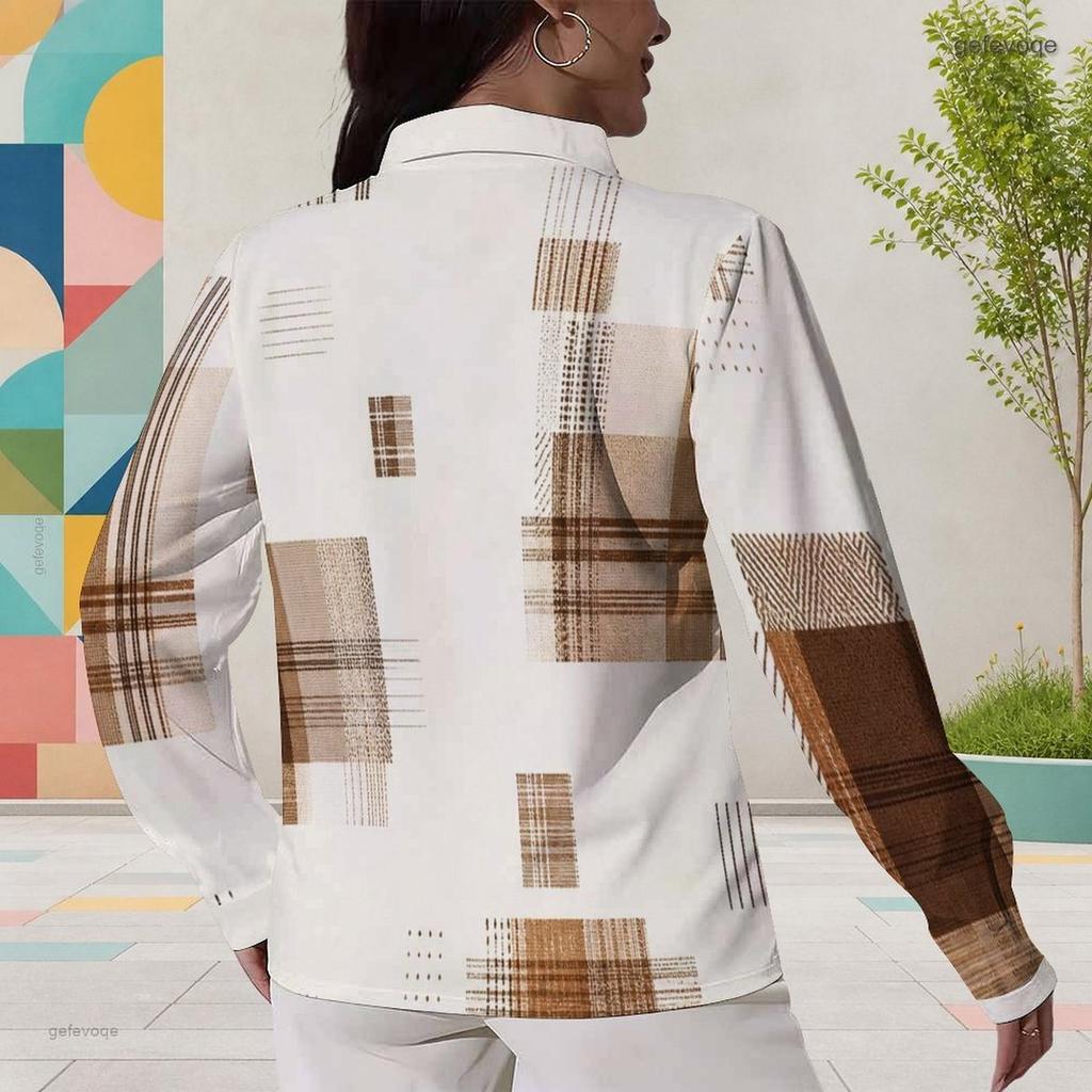 Women Plus Size Plaid Printed Collared Long Sleeve Button Front Curved Hem Shirt