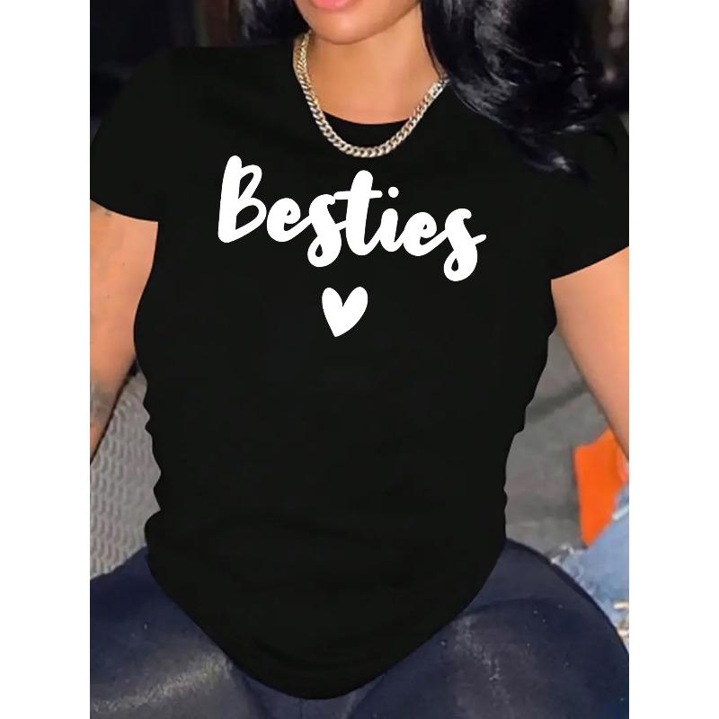 Женская футболка с принтом сердца 'Besties' европейского размера, Модная повседневная футболка с коротким рукавом и круглым вырезом, Удобная