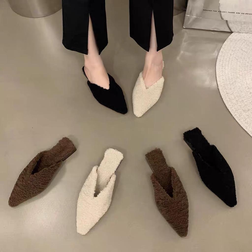 2024 Spring Woman Fur Mules Slippers Fashion Slides Shoes Ladies Elegant Outdoor Street Style Low Heel Footwear