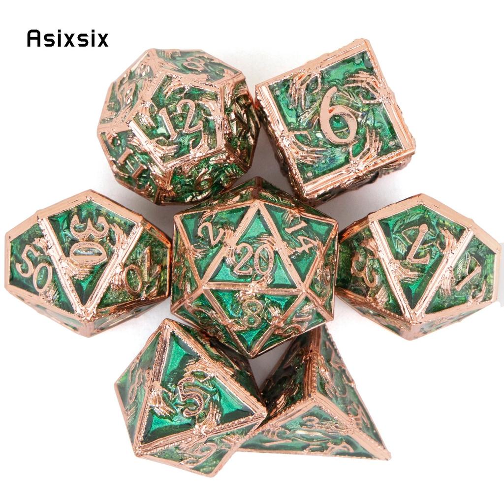 7 Pcs Golden Green Hand Metal Dice Solid Metal Polyhedral Dice Set Suitable for Role-Playing RPG Board Game Card Game