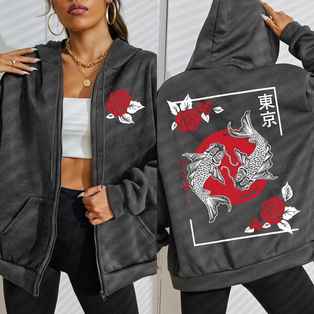 Токио Карп Кои Роза Харадзюку Узор Женская Толстовка Уличные Оверсайз Худи Молния Флисовая Толстовка Мягкая Женская Одежда