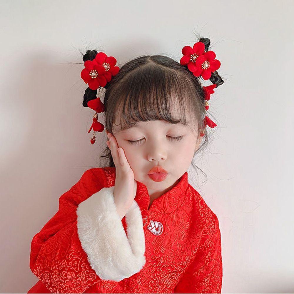 Red Children Bow Wig Hairpin Tassels Hanfu Hair Sticks Sweet Chinese New Year Headwear Baby