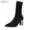 Fashion Aphixta Metal Color 7cm Square Heels Socks Boots Women Big Size 43 Stretch Fabric Elastic Pointed Toe Shoes Ankle Boot Woman
