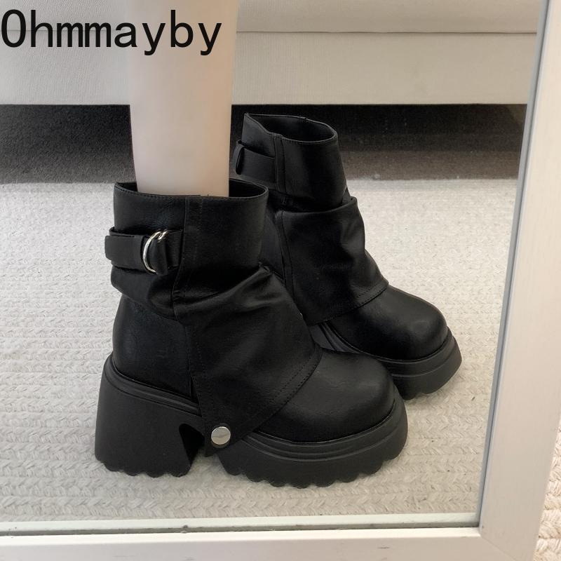 Autumn Winter Belt Buckle Women Knight Boots Fashion Slip On Shoes Vintage Platform Thick Heels Ladies Short Booties