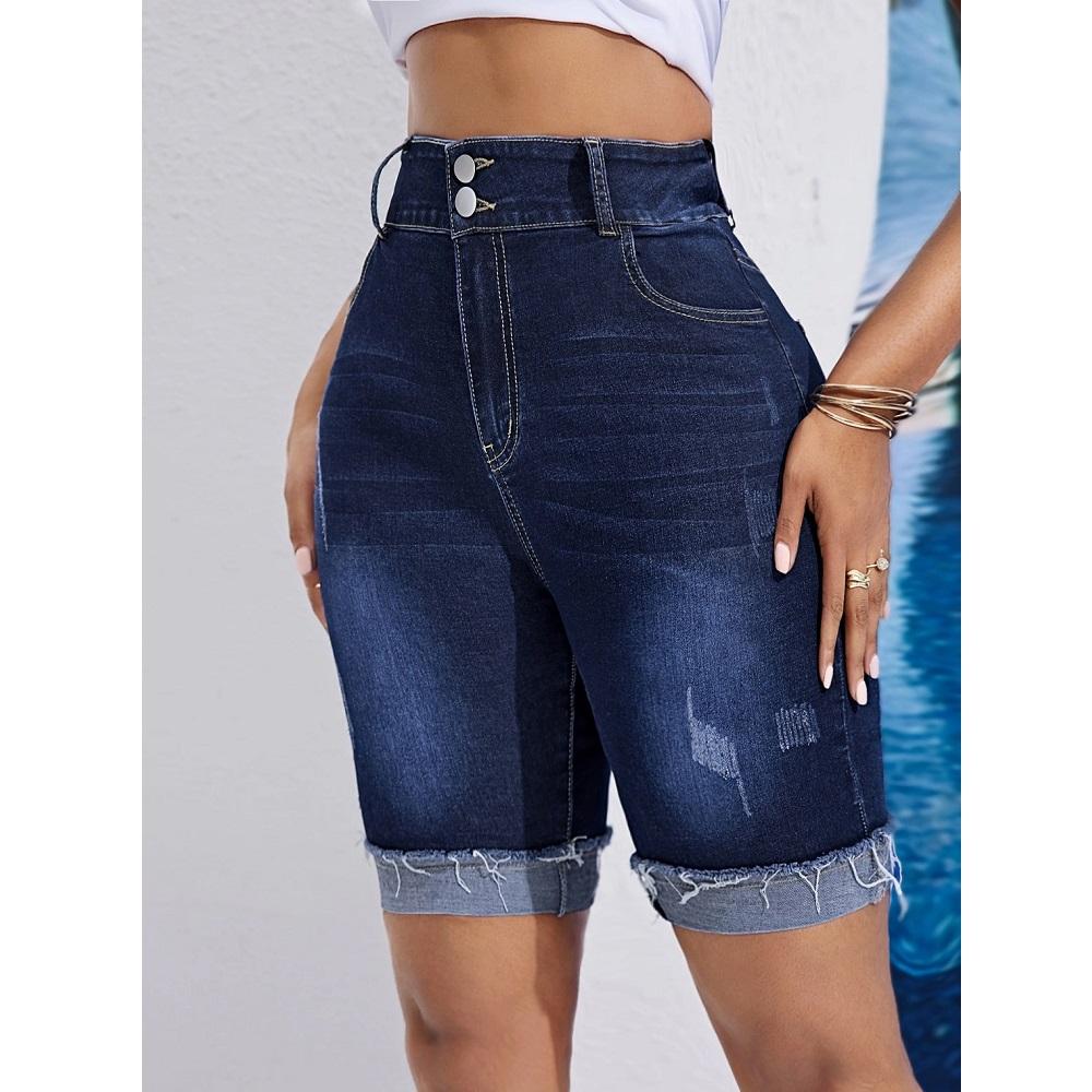 Women Summer High Waist Knee Length Denim Shorts Ladies Stretch Jeans Short Pants
