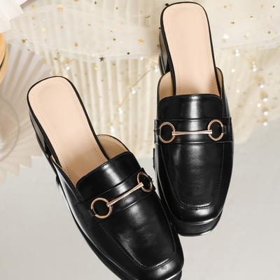 Женские летние шлепанцы из овчины с закрытым носком, 2025, новые, черные, для улицы, на высоком каблуке 3,5 см, на мягкой подошве, в крутом британском стиле