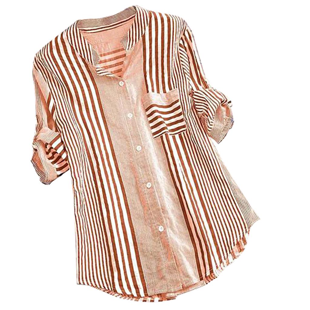 Plus Size Womens Three Quarter Striped Print V-Neck Loose Fit Top T-Shirt Blouse