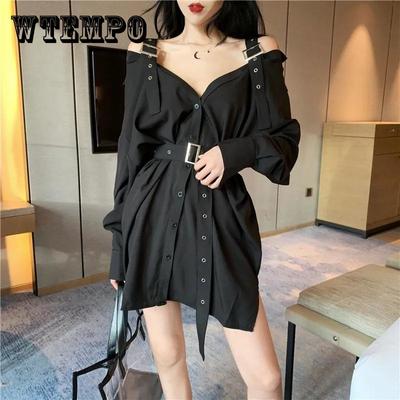 Готическое платье, черная сексуальная рубашка, мини-платья с поясом, летнее платье в стиле панк с длинными рукавами и открытыми плечами, женские вечерние платья