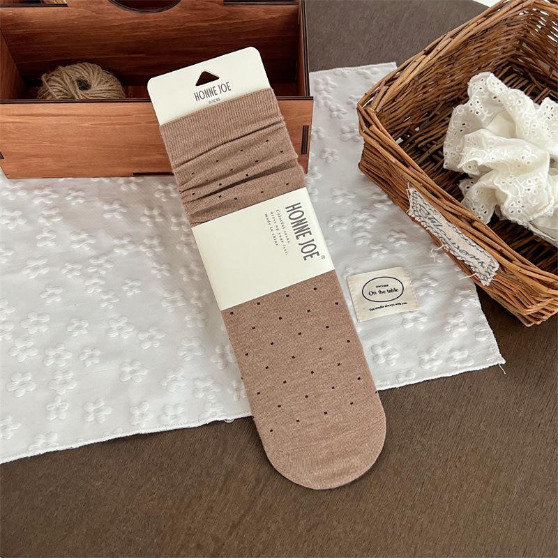 Женские шерстяные носки до середины икры в белый горошек, универсальные, осенне-зимние, дышащие и теплые длинные носки