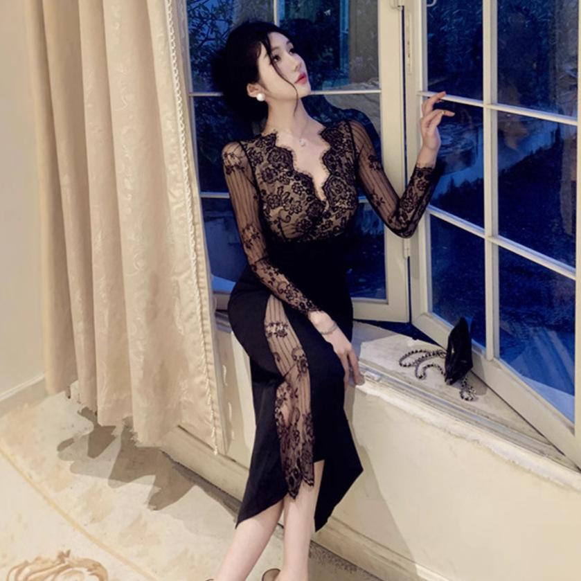 Женское сексуальное ветровое кружевное платье с высокой талией и разрезом
