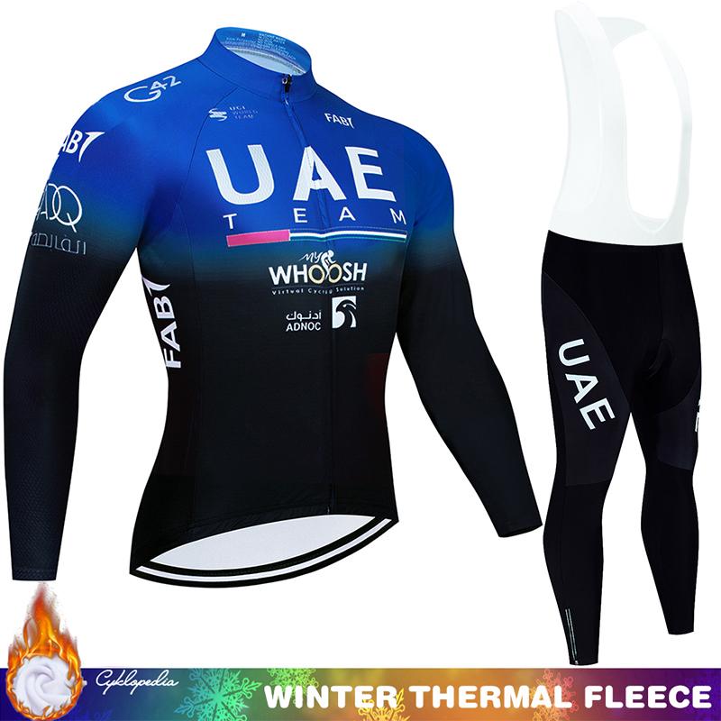 Мужской зимний комплект для велоспорта Team UAE с термофлисом - джерси с длинным рукавом и брюки-бибсы с подкладкой