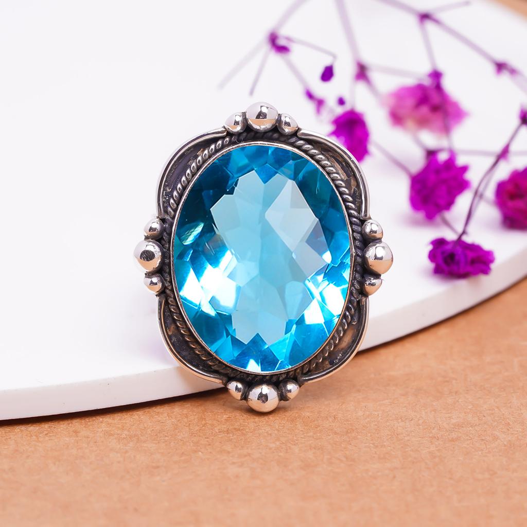 Кольцо с голубым топазом из стерлингового серебра 925 пробы V7951, синее кольцо, овальное кольцо, подарок на День святого Валентина, подарок для нее, подарок на день рождения, украшения ручной работы, серебряные украшения, U