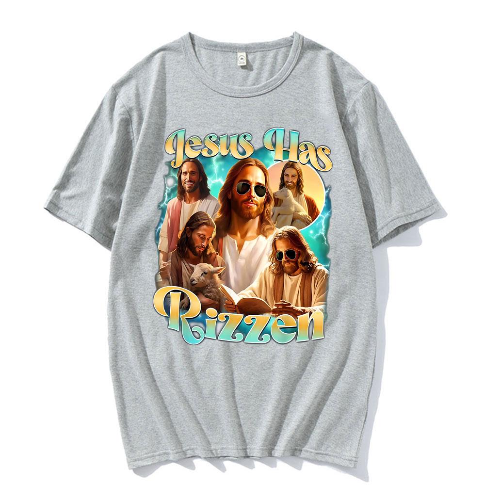 Jesus Has Rizzen He Ls Rizzin Funny Christian Religious Tee Shirt Men Women Summer Tshirt Vintage Oversized T Shirt Streetwear